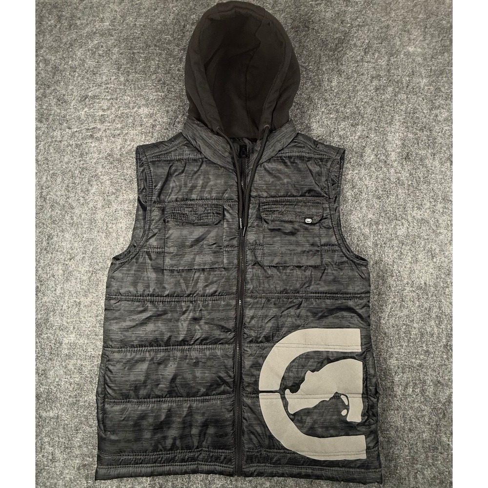 Ecko Unltd Puffer Vest Mens M Black Gray Hooded Rhino Logo Streetwear Full Zip